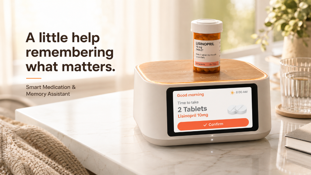 M.I.R.A. smart medication assistant device on a kitchen counter